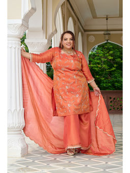 Desi Noor - Plus Size Orange Embellished Kurta With Palazzo & Dupatta