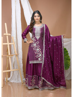 Anveri Textiles - Women's Purple Embroidered Kurta With Sharara & Dupatta