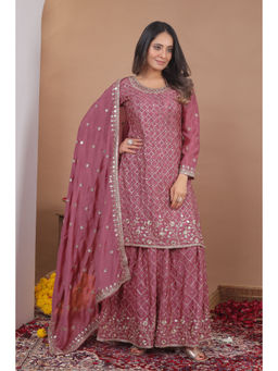 Anveri Textiles - Women's Dusky Pink Embroidered Kurta with Palazzo & Dupatta