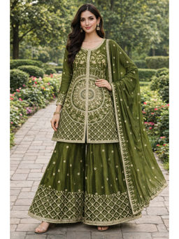 Anveri Textiles - Women's Green Embroidered Kurta with Palazzo & Dupatta