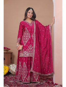 Anveri Textiles - Women's Rani Pink Embroidered Kurta With Sharara & Dupatta