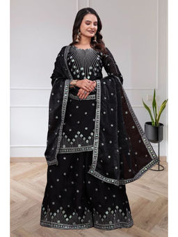 Anveri Textiles - Women's Black Embroidered Kurta With Sharara & Dupatta