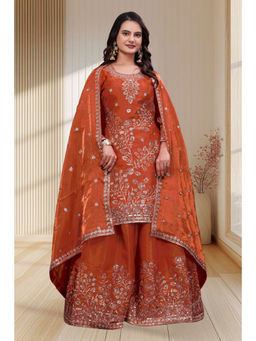 Anveri Textiles - Women's Orange Embroidered Kurta with Palazzo & Dupatta