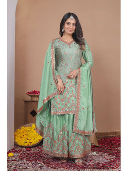 Anveri Textiles - Women's Pista Green Embroidered Kurta with Palazzo & Dupatta