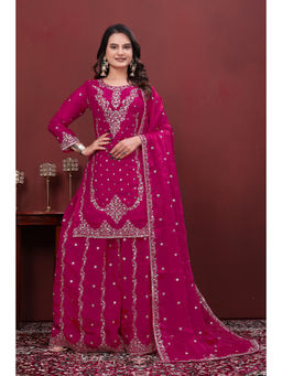 Anveri Textiles - Women's Pink Embroidered Kurta With Sharara & Dupatta