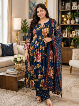 Rajnandini - Women's Blue Cotton Floral Print Kurta With Pant & Dupatta