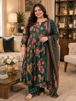 Rajnandini - Women's Green Cotton Floral Print Kurta With Pant & Dupatta