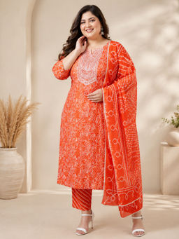 Rajnandini - Women's Orange Pure Cotton Embroidered Kurta With Pant & Dupatta