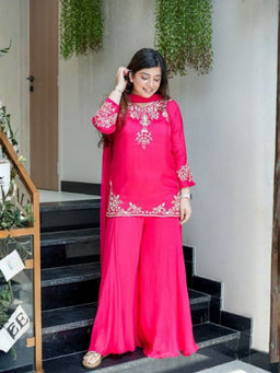 Odette - Women's Pink Silk Embroidered Kurti With Palazzo & Dupatta