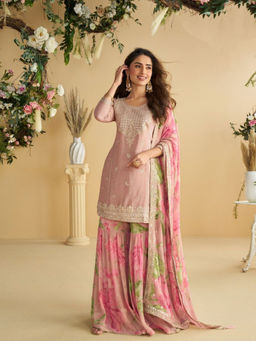 Odette - Women's Dusty Pink Silk Embroidered Kurti With Palazzo & Dupatta