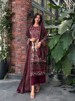 Odette - Women's Deep Wine Silk Printed Kurta With Pant & Dupatta