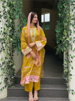 Odette - Women's Mustard Cotton Embroidered Kurta With Pant & Dupatta