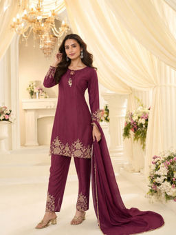 Odette - Women's Wine Georgette Embroidered Kurta With Pant & Dupatta