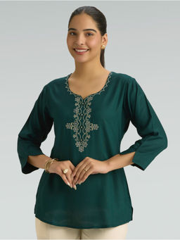 Women Plus - Teal Embroidered Viscose Rayon Short Tunic