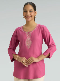 Women Plus - Dark Pink Embroidered Viscose Rayon Short Tunic