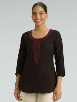 Women Plus - Cocoa Brown Embroidered Pure Cotton Short Tunic