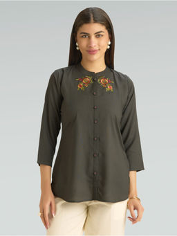 Women Plus - Fuscous Grey Embroidered Viscose Rayon Short Top