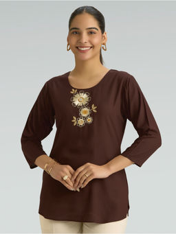Women Plus - Brown Embroidered Viscose Rayon Short Tunic