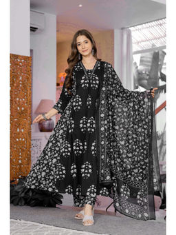 GEKHA - Women's Black Pure Cotton Floral Print Kurta With Pant & Dupatta