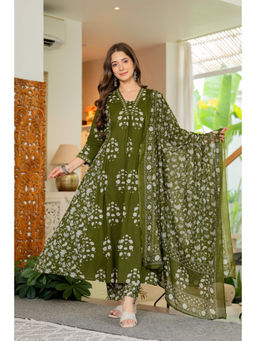 GEKHA - Women's Green Pure Cotton Floral Print Kurta With Pant & Dupatta