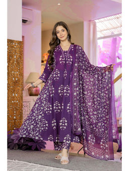 GEKHA - Women's Purple Pure Cotton Floral Print Kurta With Pant & Dupatta