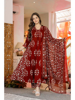 GEKHA - Women's Red Pure Cotton Floral Print Kurta With Pant & Dupatta