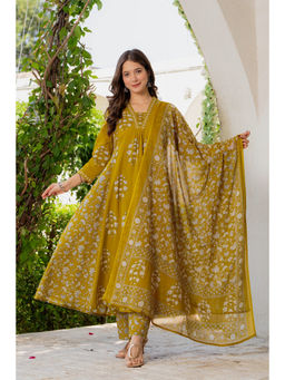 GEKHA - Women's Yellow Pure Cotton Floral Print Kurta With Pant & Dupatta