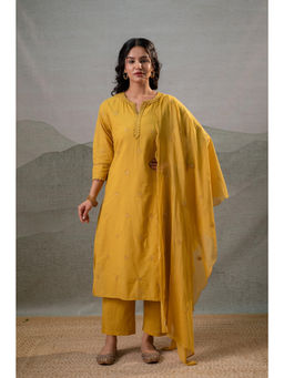 Juniper - Mustard Grace Minimal Embroidered Kurta With Pant & Dupatta