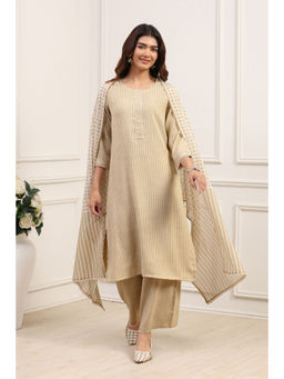 Biba - Women's Beige Voile Straight Kurta With Palazzo & Dupatta