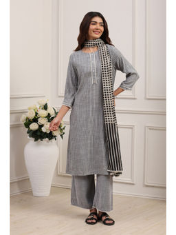 Biba - Women's Grey Voile Straight Kurta With Palazzo & Dupatta