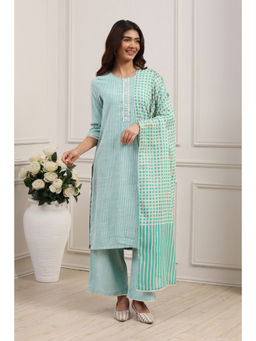 Biba - Women's Turquoise Voile Straight Kurta With Palazzo & Dupatta