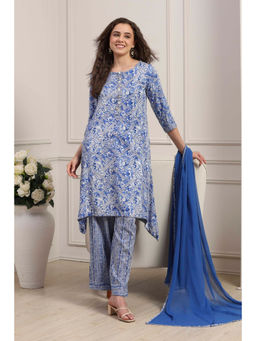 Biba - Women's Blue Rayon Floral Printed Kurta With Pant & Dupatta