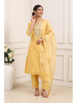 Biba - Women's Yellow Poly Chanderi Kurta With Pant & Dupatta