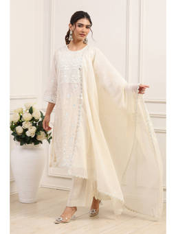 Biba - Women's Beige Cotton Embroidered Kurta With Inner And Pant & Dupatta