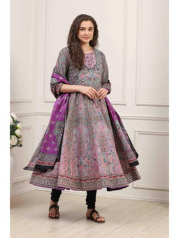 Biba - Women's Black Cotton Printed Anarkali With Churidar & Dupatta