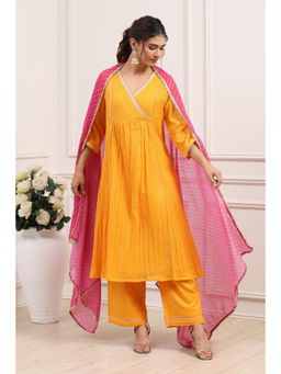 Biba - Women's Yellow Cotton Lace Kurta With Palazzo & Dupatta