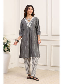 Biba - Women's Grey Cotton Ikat Print Kurta With Salwar
