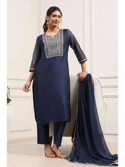 Biba - Women's Blue Poly Chanderi Straight Kurta With Pant & Dupatta