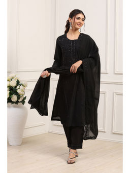 Biba - Women's Black Silk Chanderi Kurta With Pant & Dupatta