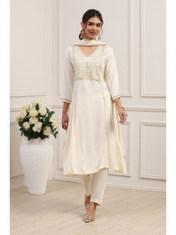 Biba - Women's White Viscose Rayon Kurta With Pant & Dupatta