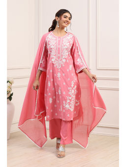 Biba - Women's Pink Cotton Embroidered Kurta With Palazzo & Dupatta