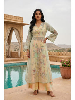 Wishful - Women's Sea Green Embroidered Organza Kurta With Blouse And Palazzo