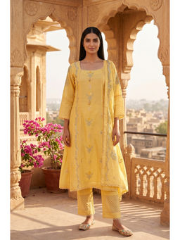 Wishful - Yellow Cotton Chanderi Embroidered Kurta With Pant & Dupatta