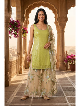 Wishful - Women's Lime Green Embellished Kurta with Palazzo & Dupatta