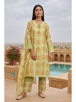 Wishful - Lime Green Chanderi Floral Print Kurta With Pant & Dupatta