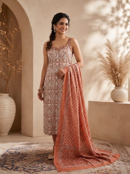 Vastramyaa - Women's Rust Pure Cotton Kurta With Pant & Dupatta