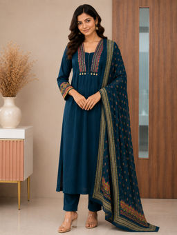 Vastramyaa - Women's Pure Cotton Embroidered Teal Blue Kurta With Pant & Dupatta