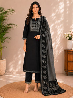 Vastramyaa - Women's Black Cotton Printed Kurta With Pant & Dupatta