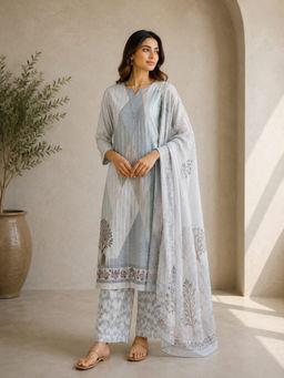 Vastramyaa - Women's Grey Sequined Cotton Kurta With Pant & Dupatta