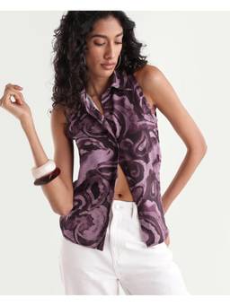 RAREISM - Women Purple Abstract Viscose Shirt